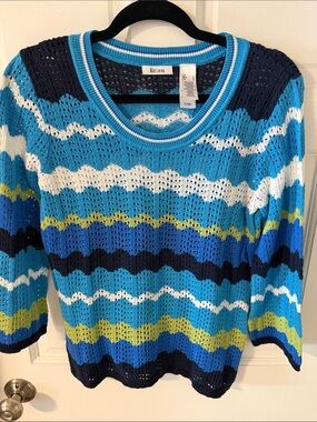 Liz & Co. Vintage 90s Open Knit Chevron Wave Striped Sweater 100% cotton Large
